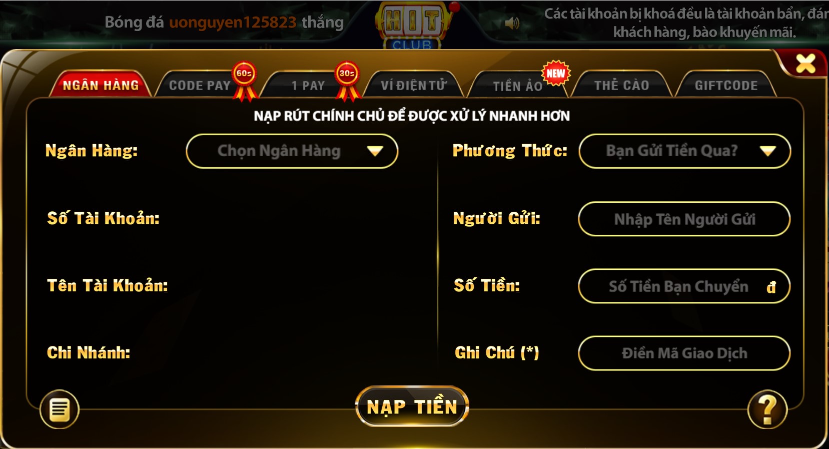 cách nạp tiền vào Hit CLub